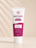 Back view of Biotherm Daily Glow Face Wash 100ml tube showing usage instructions and details. Health Drive Pharmaceuticals