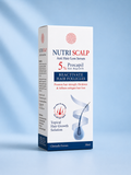 Nutri Scalp Anti Hair Loss Serum 5% Procapil bottle standing next to its premium white and blue packaging box. Health Drive Pharmaceuticals